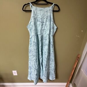 Lands End Linen Sailboat Scene Maxi Dress Stretch XL Blue Palm Trees Tropical